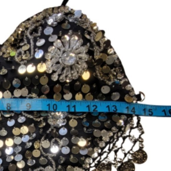 Black Sequin Halter Crop Top Silver Sequin Backless Belly Dancing Tops NEW - Picture 9 of 11